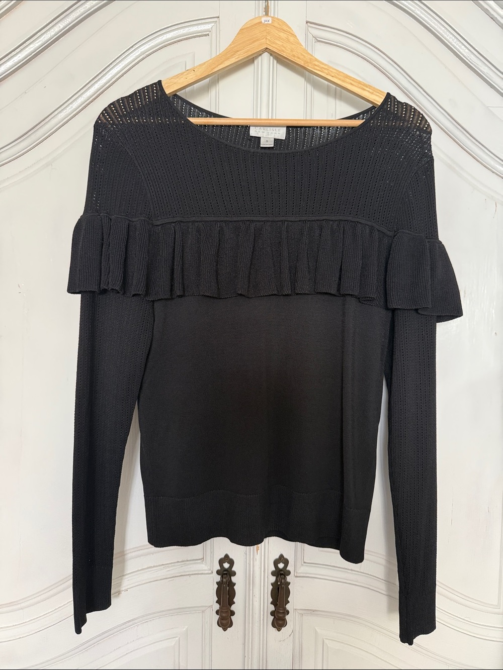 Carlisle New York Black Ruffle Open Knit Sweater – Feminine Elevated Basic Small